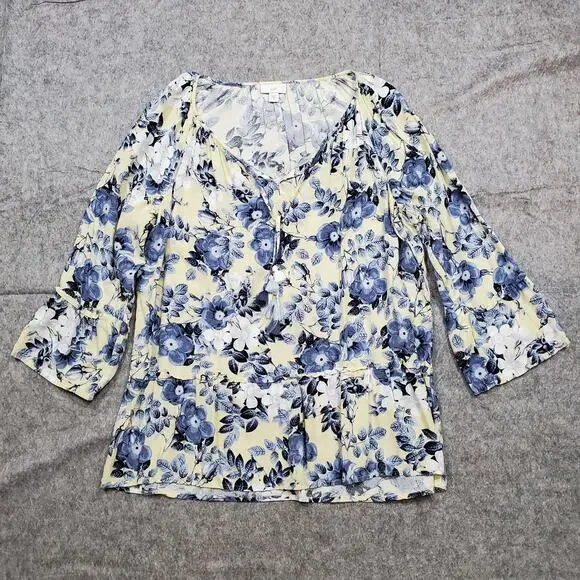 J. Jill Top Womens Medium Popover Floral Wide Sleeve Tunic V-Neck Tassel Tie - Picture 1 of 11